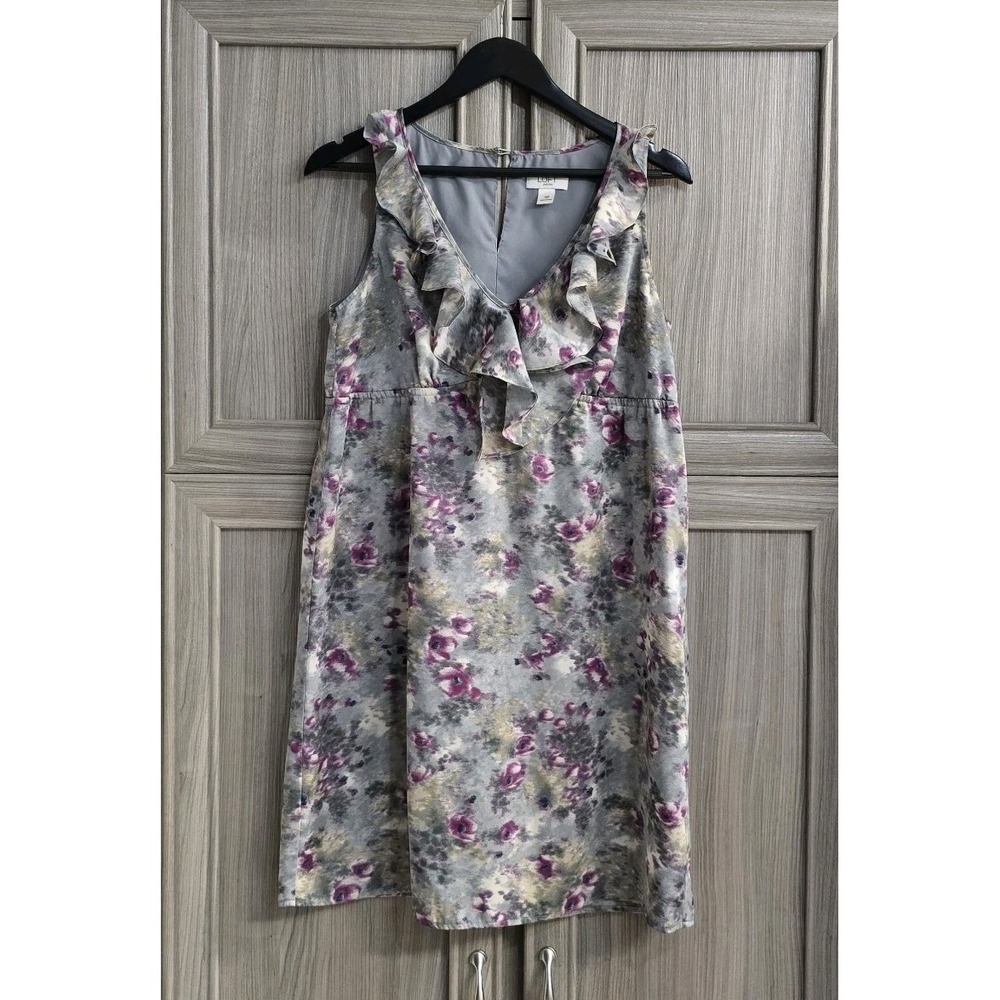 Ann Taylor Loft Womens Floral Dress 10 Petite Ruffled Neckline Roses Sleeveless